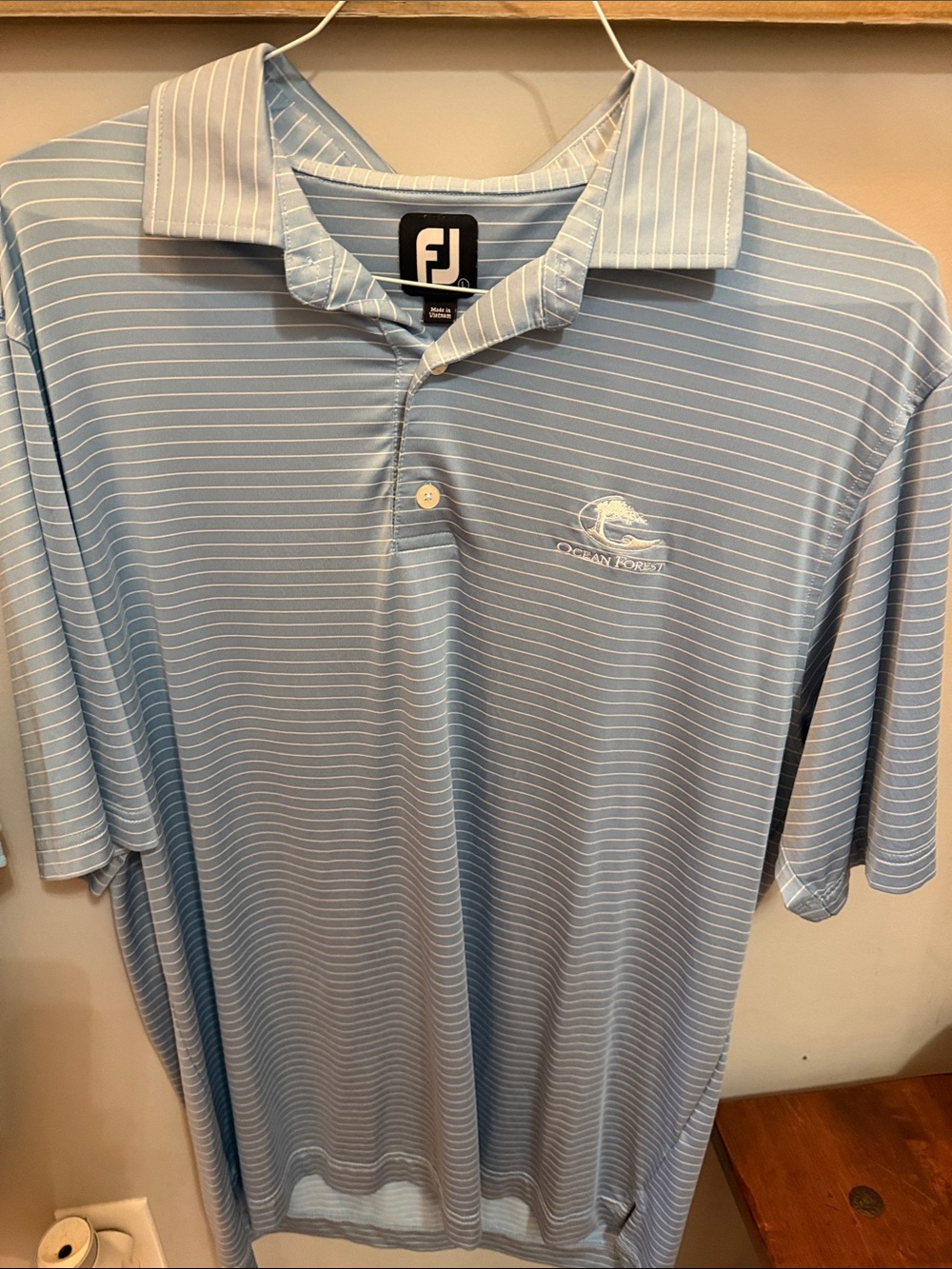 FootJoy Light Blue & White Striped Golf Polo with Ocean Forest Logo